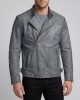 Mens Grey Real Leather Biker Jacket Quilted Shoulder Motorcycle Zip Coat Slim