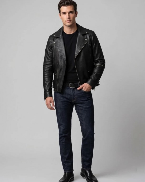 Men Real Black Leather Biker Jacket Genuine Slim Fit Asymmetric Motorcycle Coat
