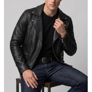 Men Real Black Leather Biker Jacket Genuine Slim Fit Asymmetric Motorcycle Coat