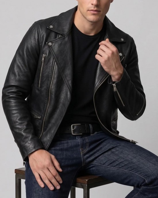 Men Real Black Leather Biker Jacket Genuine Slim Fit Asymmetric Motorcycle Coat