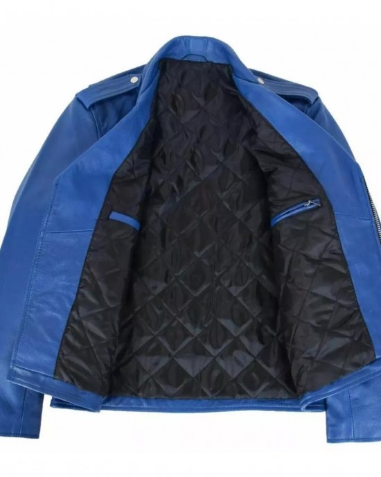 Men's Stylish Real Leather Jacket Motorcycle Biker Slim Fit Blue Belted Coat