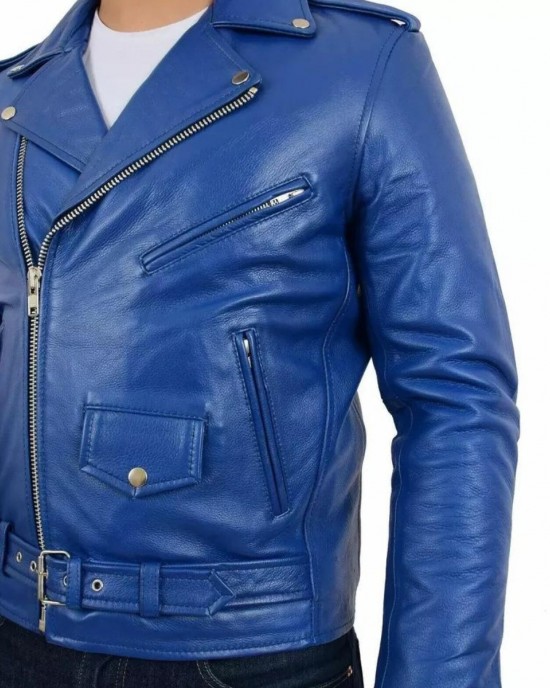 Men's Stylish Real Leather Jacket Motorcycle Biker Slim Fit Blue Belted Coat