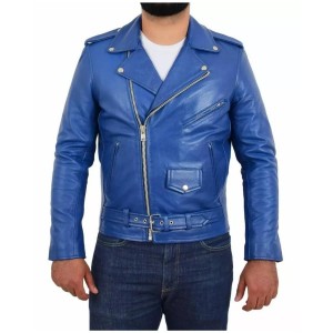 Men's Stylish Real Leather Jacket Motorcycle Biker Slim Fit Blue Belted Coat