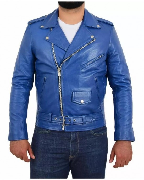 Men's Stylish Real Leather Jacket Motorcycle Biker Slim Fit Blue Belted Coat