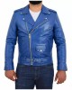 Men's Stylish Real Leather Jacket Motorcycle Biker Slim Fit Blue Belted Coat
