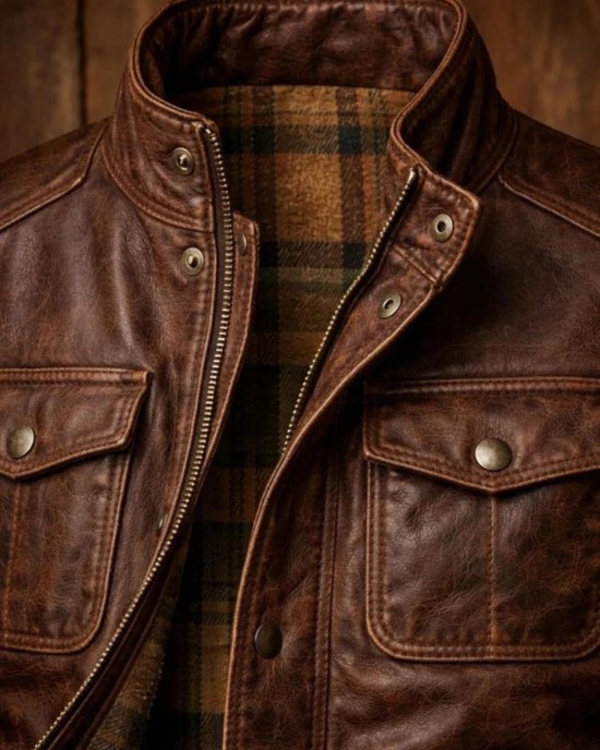 Vintage Brown Buffalo Hide Leather Jacket Men Distressed Crackled Flight Style