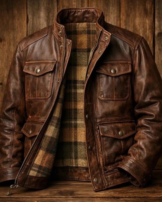 Vintage Brown Buffalo Hide Leather Jacket Men Distressed Crackled Flight Style