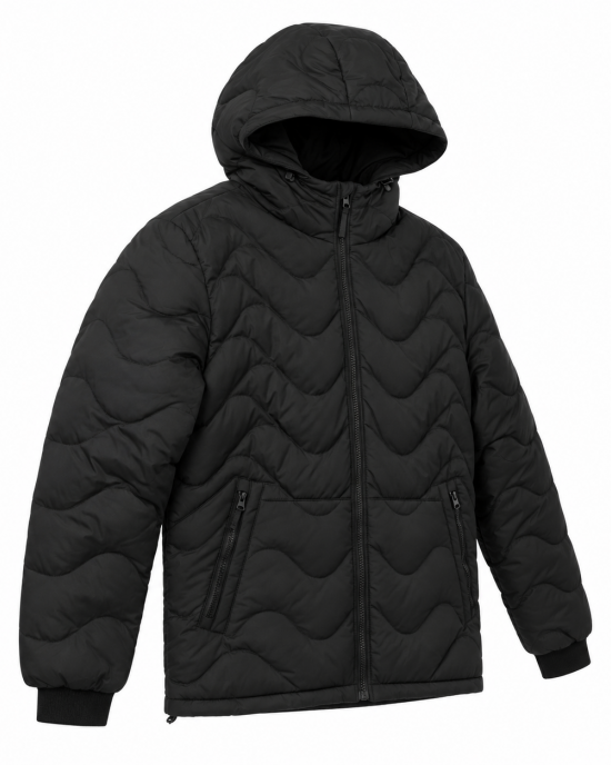 Mens Black Wave Quilt Puffer Jacket Hooded Coat Parka Zip Pockets Guys Gents