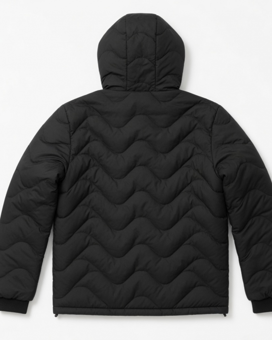 Mens Black Wave Quilt Puffer Jacket Hooded Coat Parka Zip Pockets Guys Gents