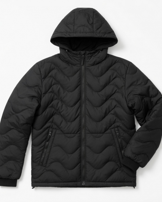 Mens Black Wave Quilt Puffer Jacket Hooded Coat Parka Zip Pockets Guys Gents