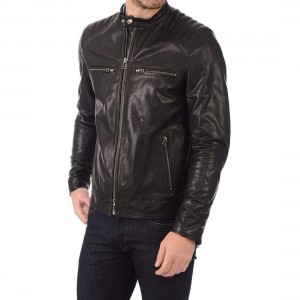 Men Leather Jacket Slim Fit Biker Motorcycle Genuine Lambskin Jacket Black