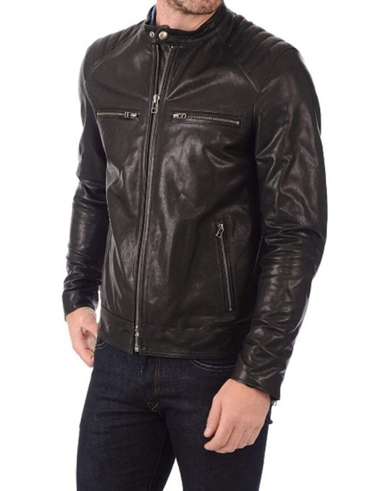 Men Leather Jacket Slim Fit Biker Motorcycle Genuine Lambskin Jacket Black