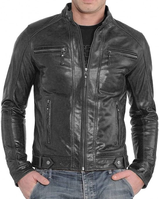 Mens Leather Jacket Slim Fit Biker Motorcycle Genuine Lambskin Jacket