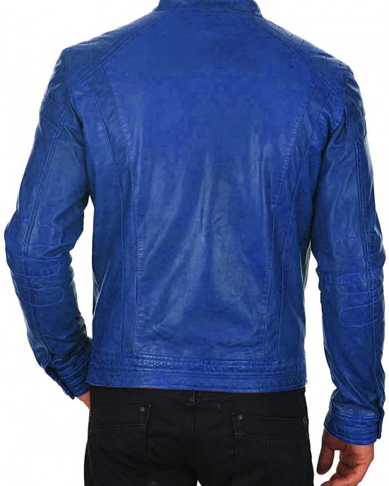Men's Genuine Lambskin Leather Jacket Slim Fit Motorcycle Jacket Blue