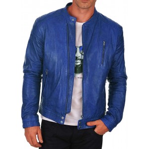 Men's Genuine Lambskin Leather Jacket Slim Fit Motorcycle Jacket Blue