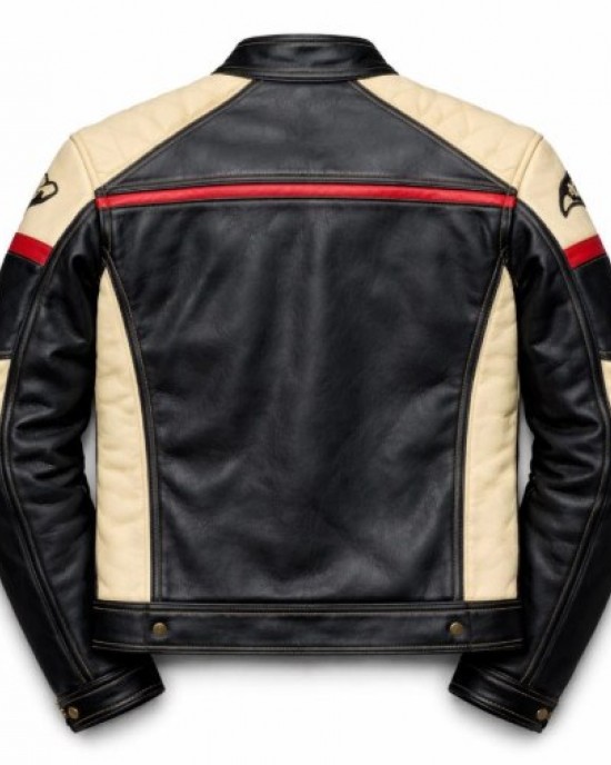 Handmade Real Cowhide Leather Jacket – Black Cream Biker Motorcycle - Vintage