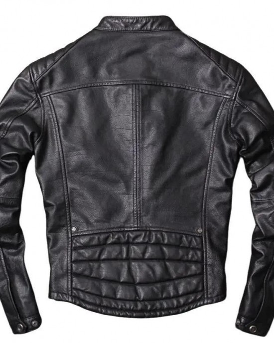 Men's Motorcycle Genuine Sheepskin Leather Jacket Cafe Racer Biker Black Jacket