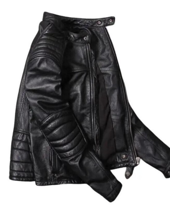 Men's Motorcycle Genuine Sheepskin Leather Jacket Cafe Racer Biker Black Jacket