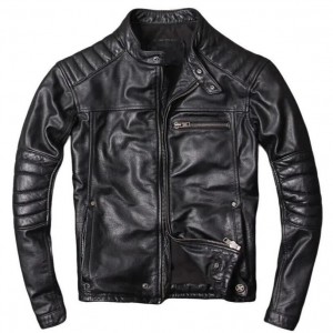 Men's Motorcycle Genuine Sheepskin Leather Jacket Cafe Racer Biker Black Jacket