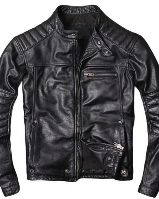 Men's Motorcycle Genuine Sheepskin Leather Jacket Cafe Racer Biker Black Jacket