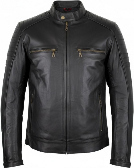 Motorcycle Biker Jacket Leather Jacket Black with Genuine Leather Protectors