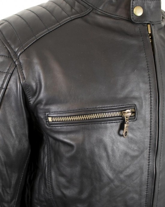 Motorcycle Biker Jacket Leather Jacket Black with Genuine Leather Protectors