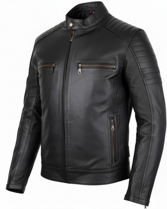 Motorcycle Biker Jacket Leather Jacket Black with Genuine Leather Protectors
