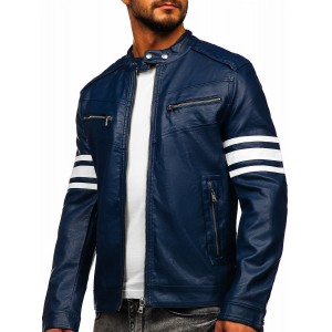 Men Genuine Lambskin Leather Motorcycle Jacket Slim Fit Biker Jacket Blue Retro