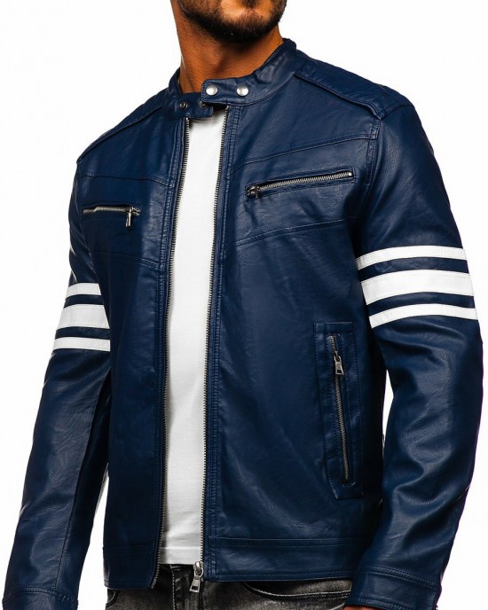 Men Genuine Lambskin Leather Motorcycle Jacket Slim Fit Biker Jacket Blue Retro