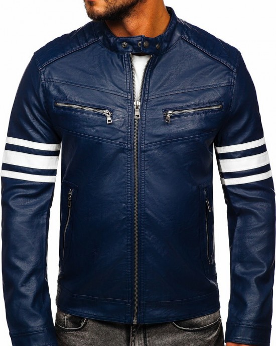 Men Genuine Lambskin Leather Motorcycle Jacket Slim Fit Biker Jacket Blue Retro