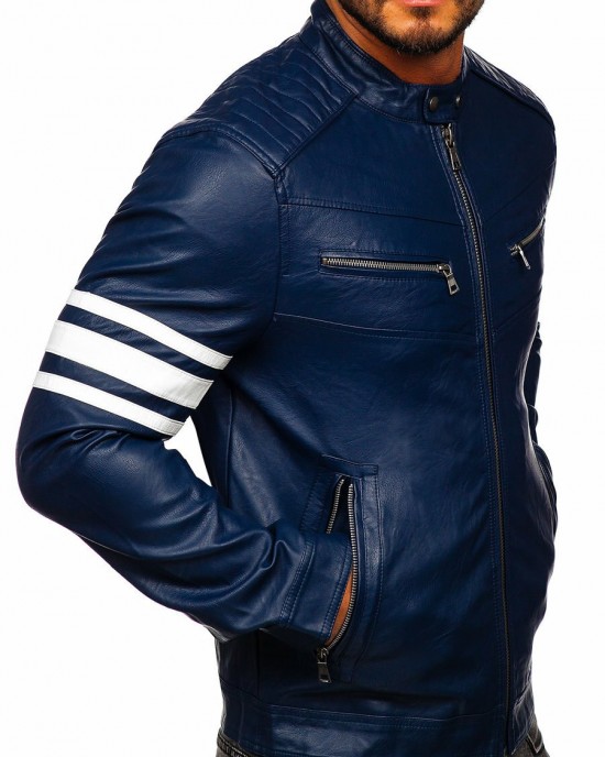 Men Genuine Lambskin Leather Motorcycle Jacket Slim Fit Biker Jacket Blue Retro