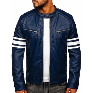 Men Genuine Lambskin Leather Motorcycle Jacket Slim Fit Biker Jacket Blue Retro