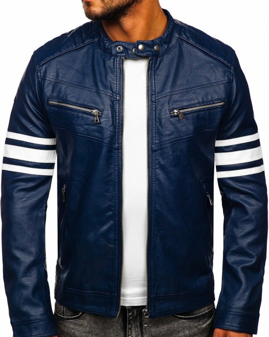 Men Genuine Lambskin Leather Motorcycle Jacket Slim Fit Biker Jacket Blue Retro