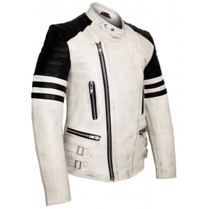 Mens Retro Motorcycle Leather Jacket with Protectors in Cream White Biker Jacket Rocker