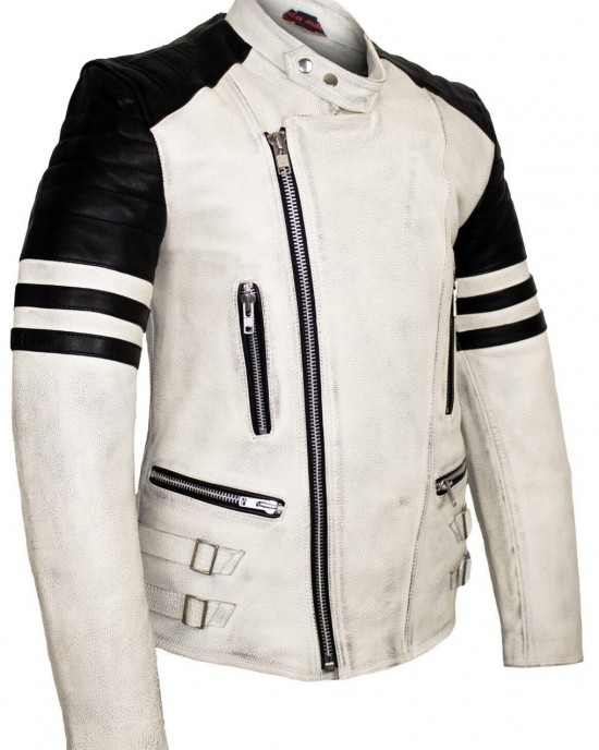 Mens Retro Motorcycle Leather Jacket with Protectors in Cream White Biker Jacket Rocker
