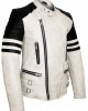 Mens Retro Motorcycle Leather Jacket with Protectors in Cream White Biker Jacket Rocker