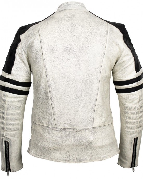 Mens Retro Motorcycle Leather Jacket with Protectors in Cream White Biker Jacket Rocker