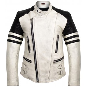 Mens Retro Motorcycle Leather Jacket with Protectors in Cream White Biker Jacket Rocker