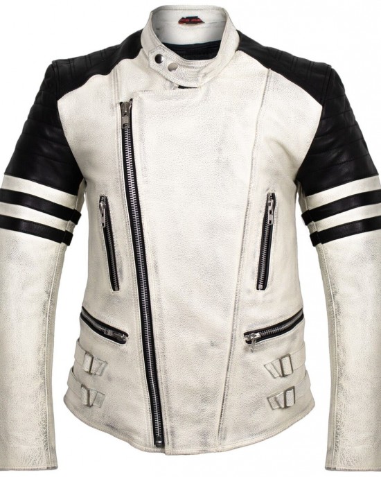 Mens Retro Motorcycle Leather Jacket with Protectors in Cream White Biker Jacket Rocker