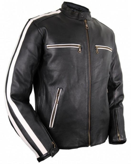 Mens Motorcycle Leather Jacket Biker Retro Stripe Rocker Jacket Chopper Quilted