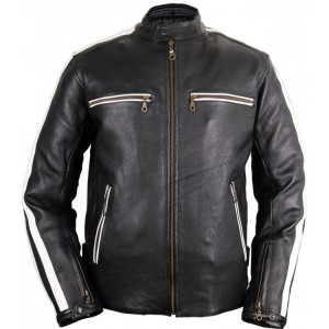 Mens Motorcycle Leather Jacket Biker Retro Stripe Rocker Jacket Chopper Quilted