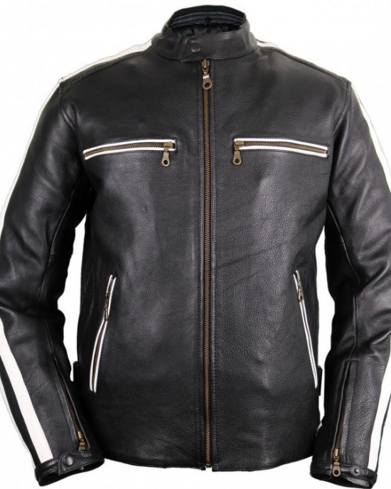 Mens Motorcycle Leather Jacket Biker Retro Stripe Rocker Jacket Chopper Quilted
