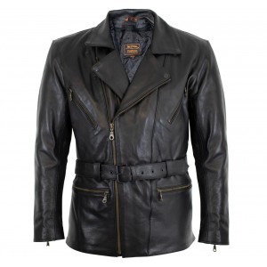 Mens Motorcycle Leather Jacket Long Genuine Cowhide Thick and Soft Leather