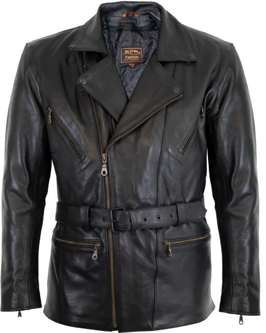 Mens Motorcycle Leather Jacket Long Genuine Cowhide Thick and Soft Leather