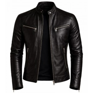Men's Black Genuine Leather Jacket Biker Motorcycle Slim Fit Zip Casual Coat