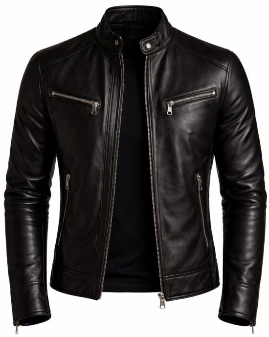 Men's Black Genuine Leather Jacket Biker Motorcycle Slim Fit Zip Casual Coat