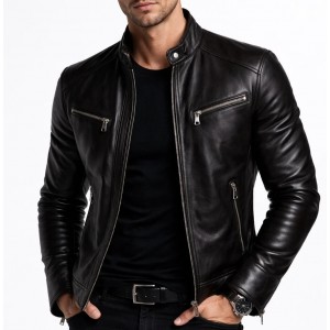 Men's Black Genuine Leather Jacket Biker Motorcycle Slim Fit Zip Casual Coat