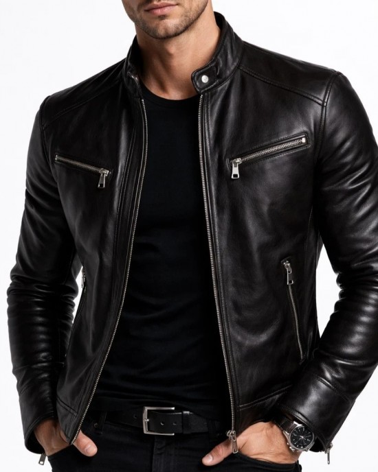 Men's Black Genuine Leather Jacket Biker Motorcycle Slim Fit Zip Casual Coat