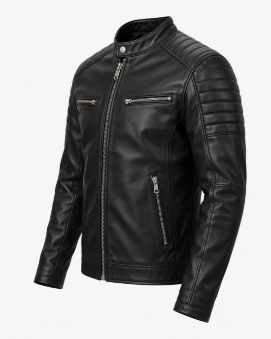 Men's Black Genuine Leather Cafe Racer Jacket – Slim Fit Biker Coat with Zippere