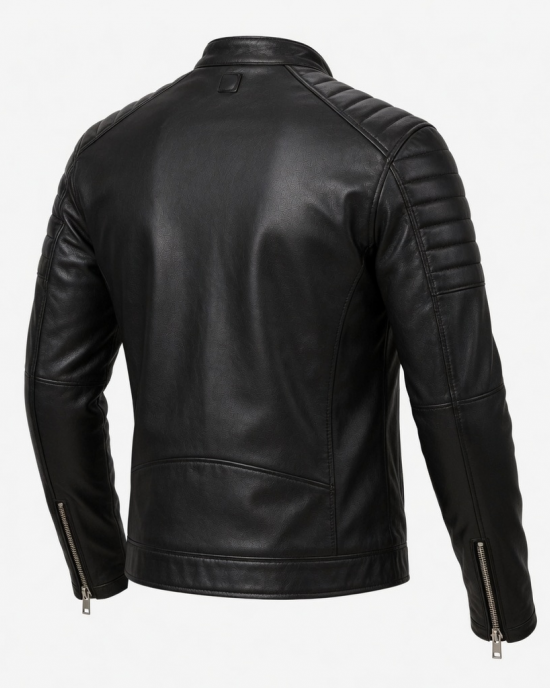 Men's Black Genuine Leather Cafe Racer Jacket – Slim Fit Biker Coat with Zippere